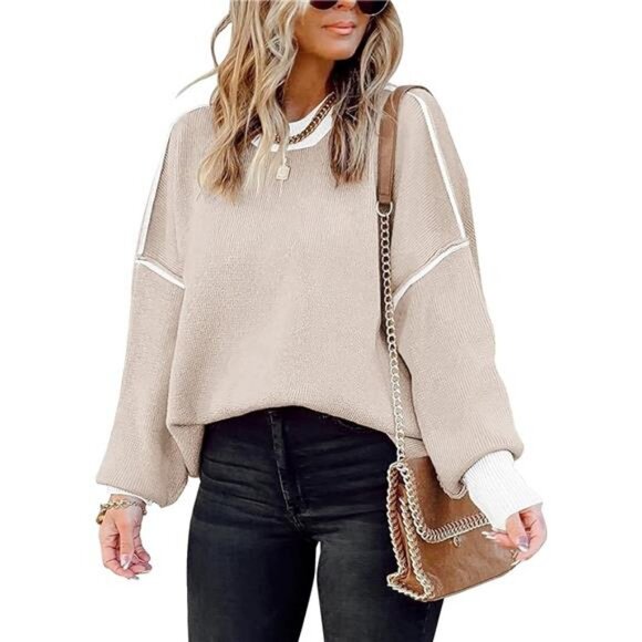 Womens Oversized Sweaters  Batwing‎ Sleeve Colorblock Knit Pullover Sweater Tops - Picture 1 of 6